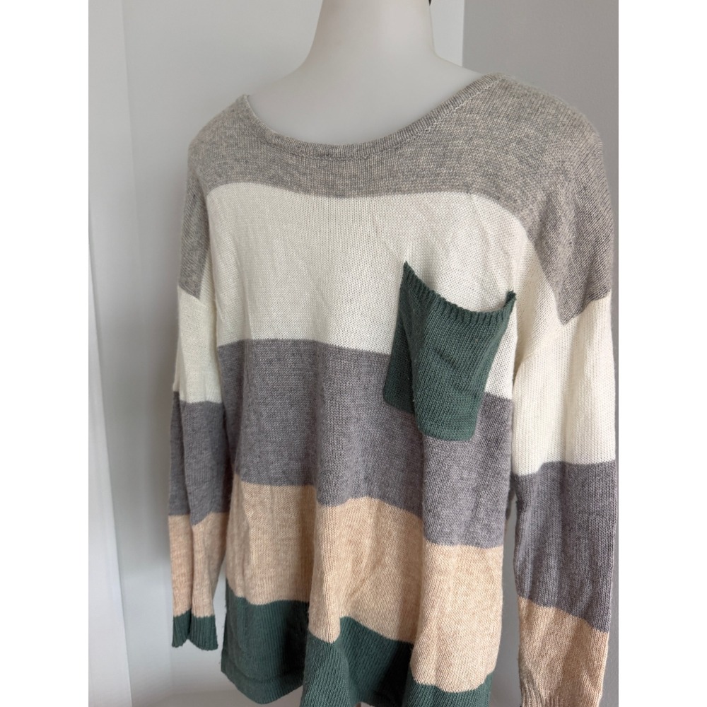 Vanilla Bay Womens Striped Long Sleeve Pocket Sweater Grey Green Tan Size Small - Picture 4 of 11